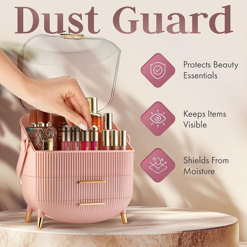 Oizeir Covered Makeup Cosmetic Countertop - Large Cosmetic Organizer - Trendy Oval Shape Storage for Skin Care Organizer - Clear Lid, Storage Drawers, Carry Handle - Cute Stylish Decor Solution (Pink) - Image 3